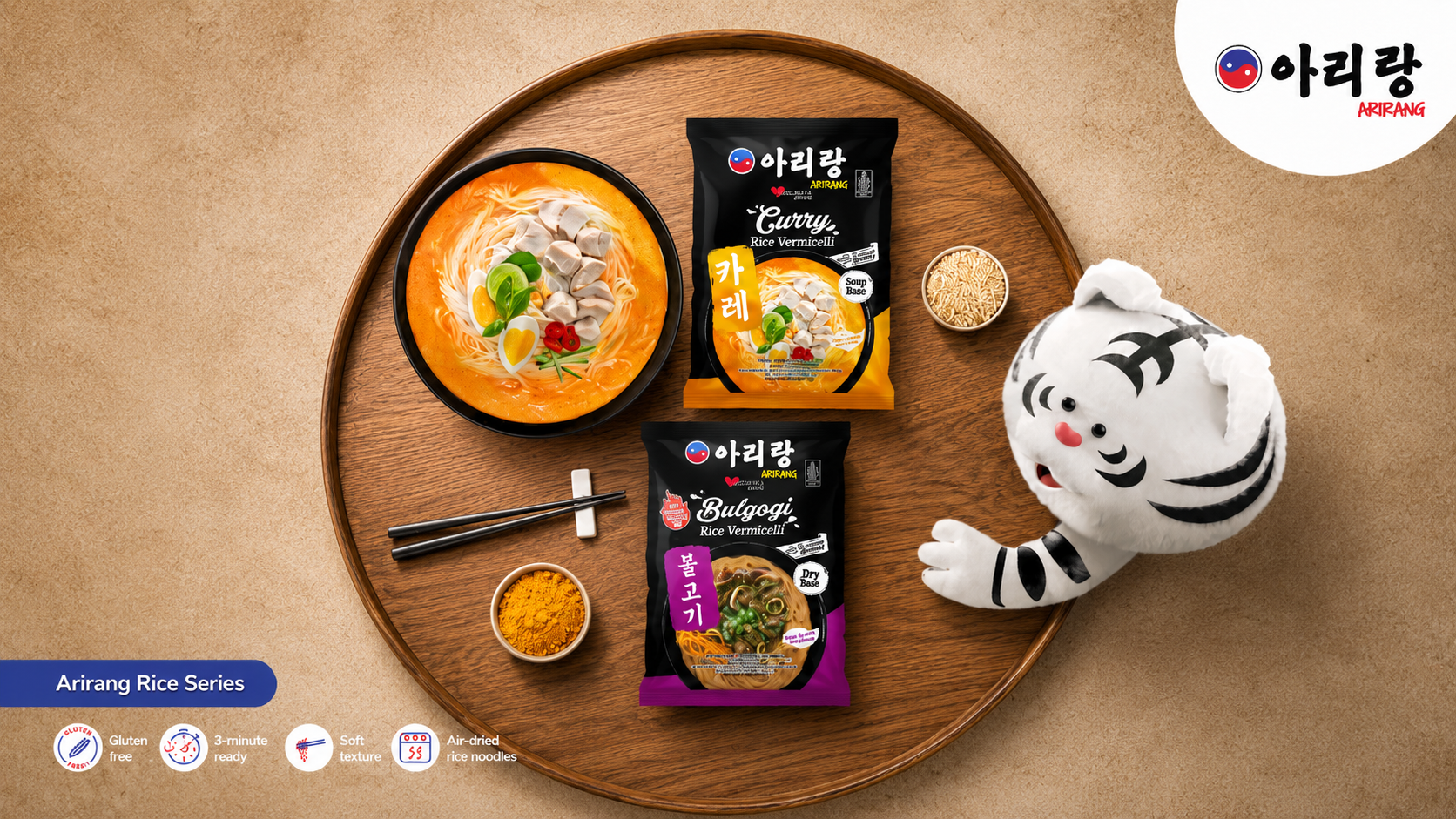 Arirang rice vermicelli range with mascot on a tabletop scene